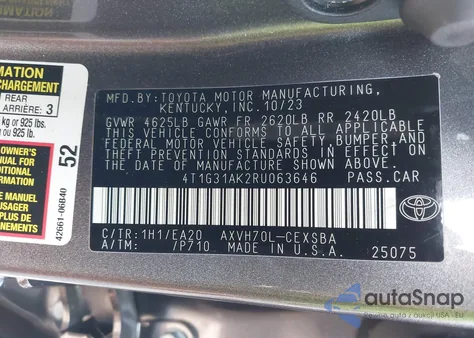 2024 Toyota Camry Se Night Shade/Se из США, поврежденный, VIN 4T1G31AK2RU063646